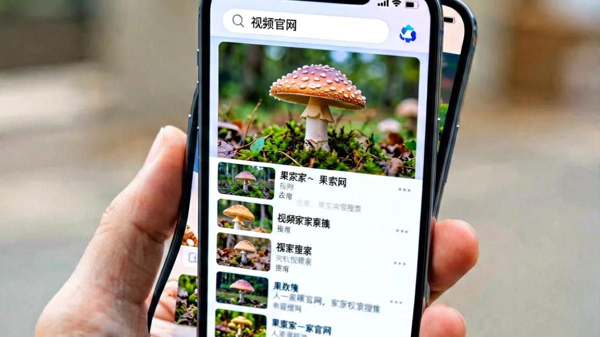 特写镜头展示一部智能手机屏幕，屏幕上显示蘑菇视频官网的搜索页面，顶部搜索框内有用户正在输入的关键词，下方是排列整齐的搜索结果列表，每项包含视频缩略图和标题信息