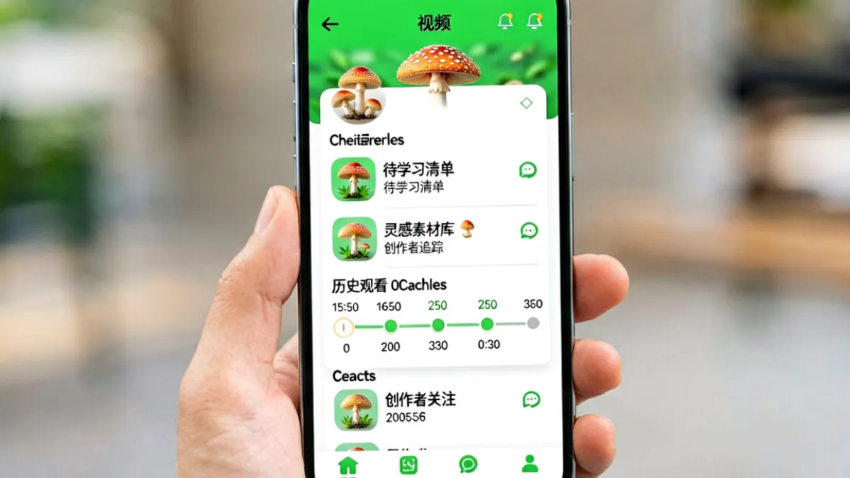 蘑菇视频官网移动端界面截图，显示用户个人中心页面，包含收藏夹分类列表、历史观看记录和创作者关注列表三个模块